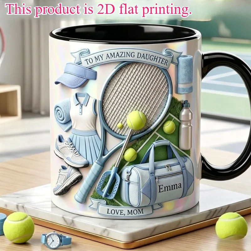 Personalized Tennis Theme Mug Custom Name Tennis Coffee Cup Gift for Daughter Family Tennis Lover 11oz 2D Flat Print Reusable In