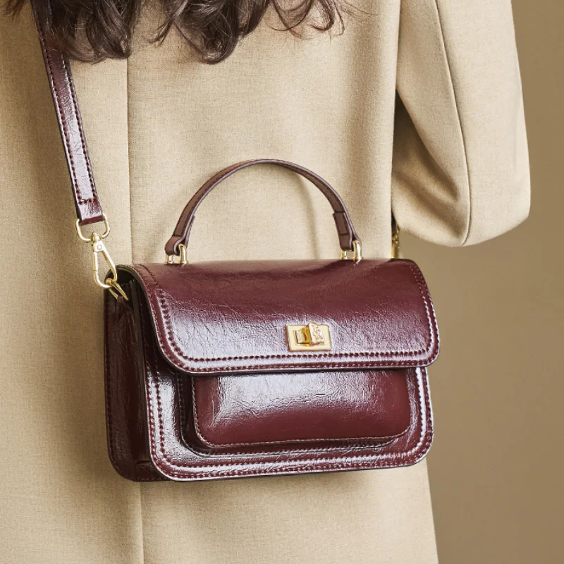 

Women's Fashion Genuine Leather Handbag ladies luxury designer Waxed Cowhide Shoulder Dag Female Vintage Crossbody Messenger Bag