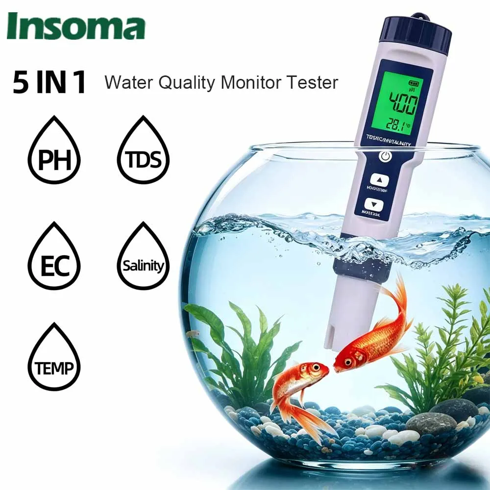 

Smart Water Quality Tester Pen 5IN1 PH TDS EC Meter Pen with Backlight for Aquarium Water Temperature Tester
