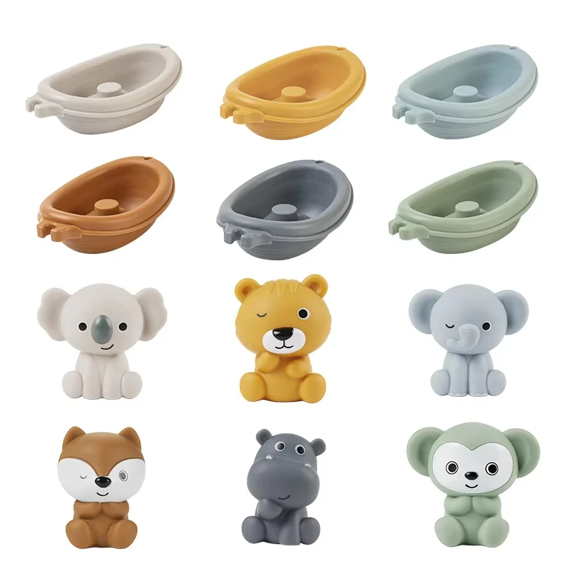 Baby Bath Toy Stackable Bath Boat Toys Silicon Adorable Animal Finger Puppets for Children Interactive Floating Squeeze Toy Gift