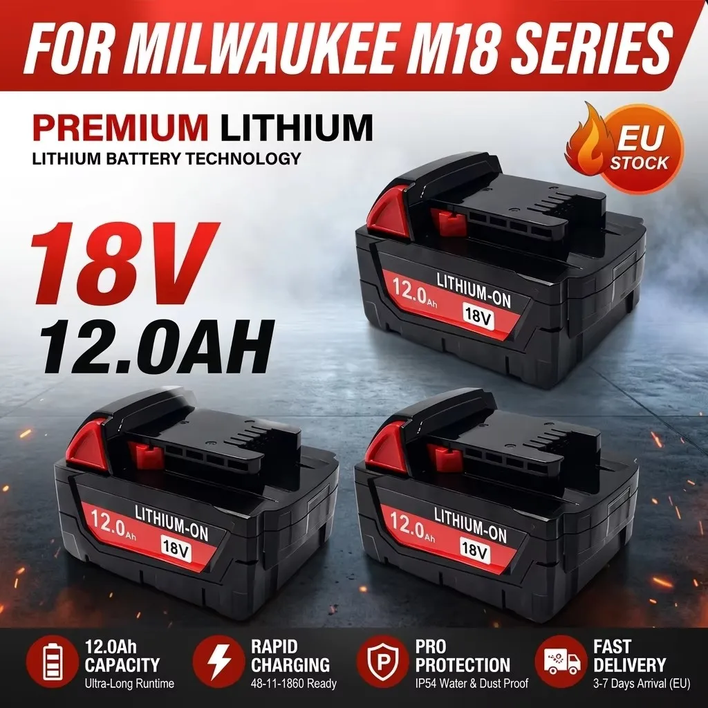 Image of Für Milwaukee M18 18V 12,0Ah wiederaufladbare Lithium-Batterie als Ersatz, geeignet für Milwaukee M18B5 XC 48-11-2402 48-11-2411 2604-22 Elektrowerkzeugmodell.