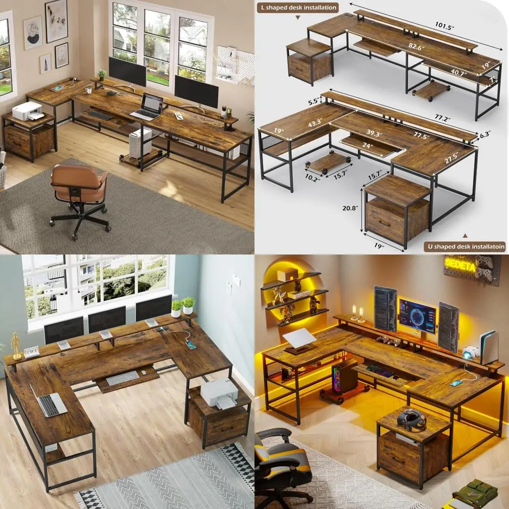 مكتب على شكل حرف L مزدوج الجوانب مع خزانة ملفات ومخرج طاقة للمكتب المنزلي، بعرض 101.5 بوصة لشخصين مع مساحة شاشة