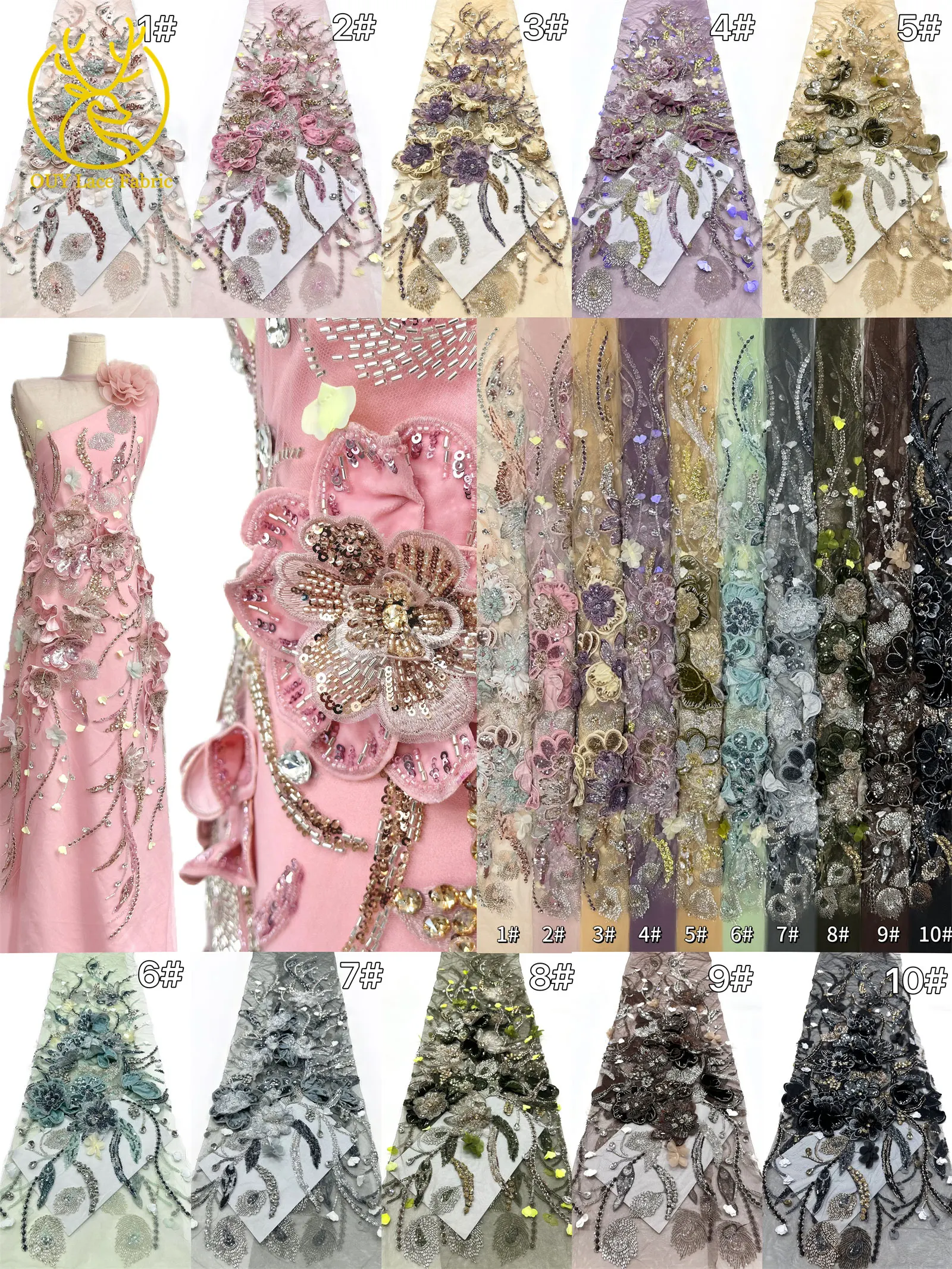 Handgefertigter Luxus Maßgeschneiderter 3D-Stickerei-Blumen-Edelstein-Spitzenstoff Afrikanischer Perlen-Pailletten-Spitzenstoff für Brautkleider – Detail 3