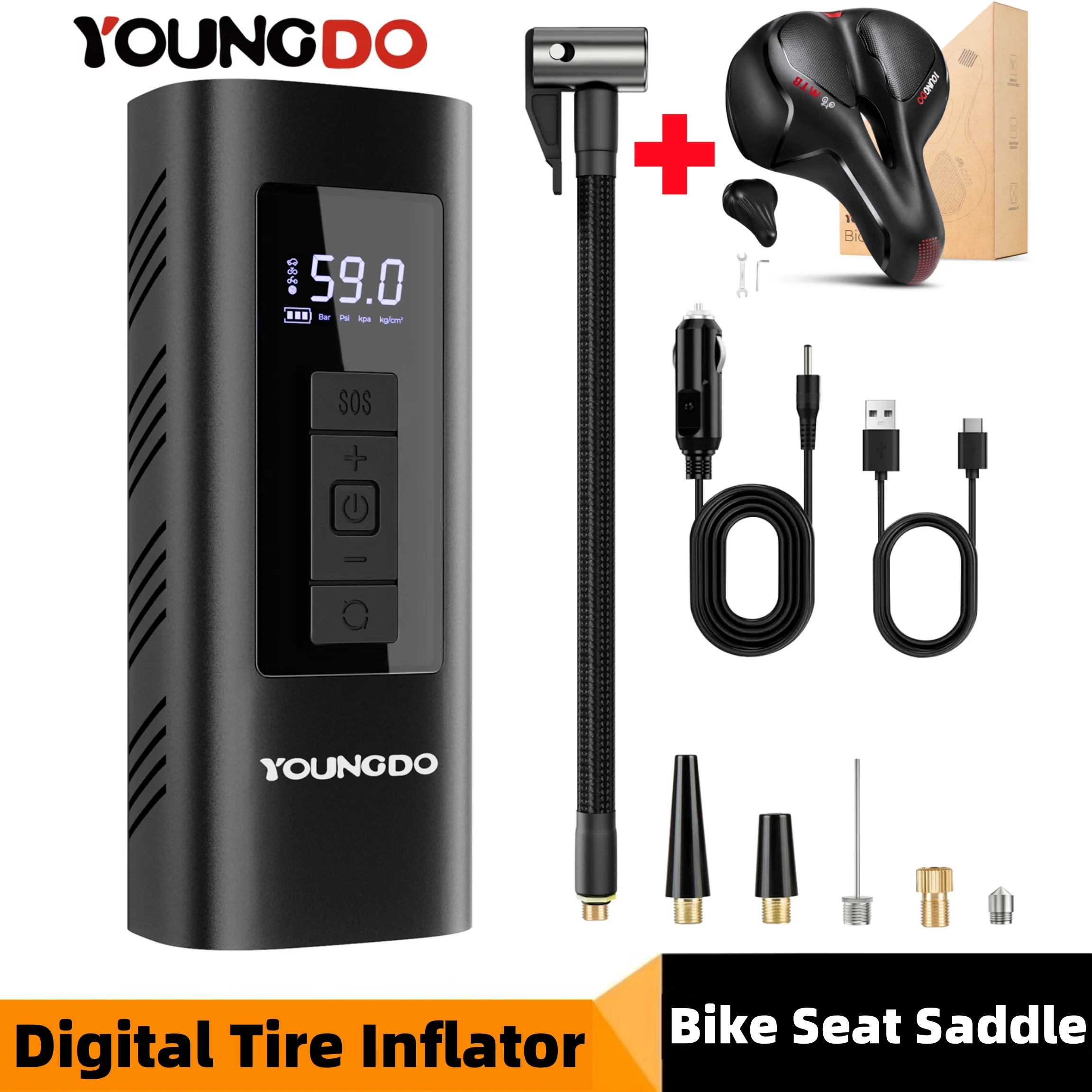 

YOUNGDO Portable Tyre Inflator Air Pump 150 PSI 6000mAh Smart Digital Inflatable Pump For Car Bicycle Bike with Bike Seat Saddle