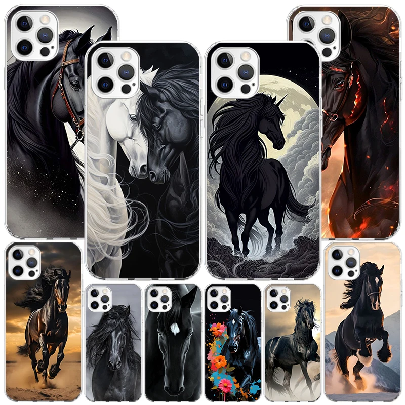 Animal Black Horse Phnoe Case for Iphone 11 12 13 Mini 14 15 Pro Max X Xs Xr 7 Plus 8 + Apple 6S SE 2020 Unique Cover Coque