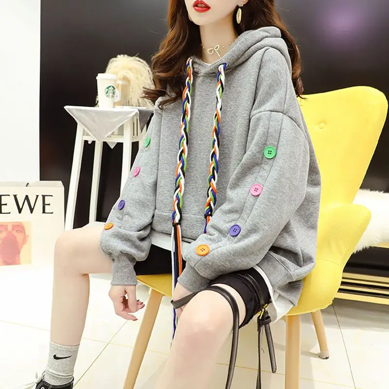 Women Clothing Korean Fashion Sweet Chic Buttons Design Oversize Hoodie Casual Streetwear Y2K Harajuku Fleece Hooded Sweatshirts