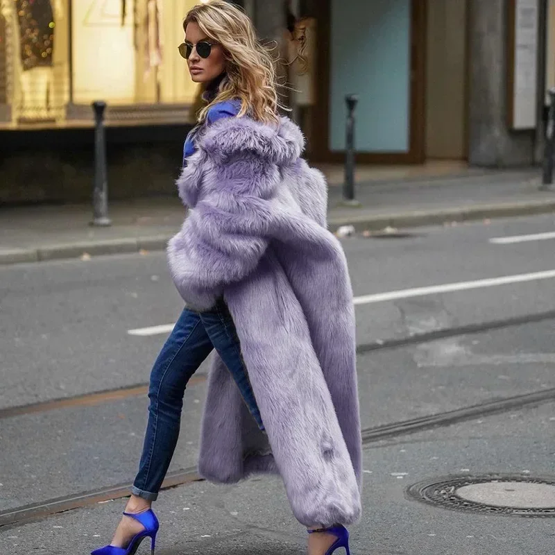 Women Purple Thick Faux Fur Jacket Colorblock Autumn Winter Maxi Coat Long Warm Luxury Belt Fur Parkas Bontjas Furry Outerwear