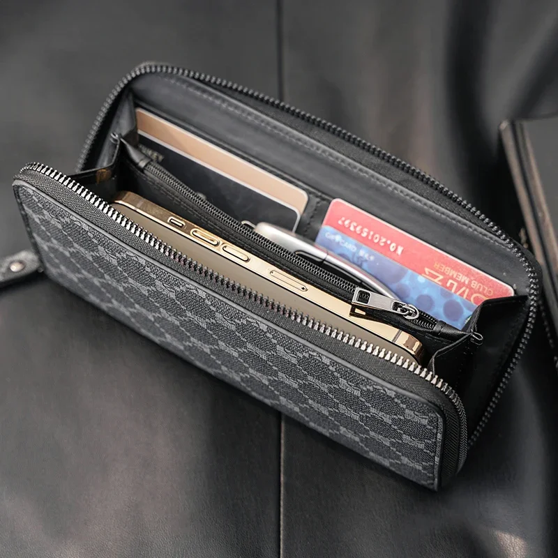 Men's High Quality Pu Leather Long Wallet Mobile Phone Card Clip Coin Purse Pattern Plaid Wallet Large Capacity