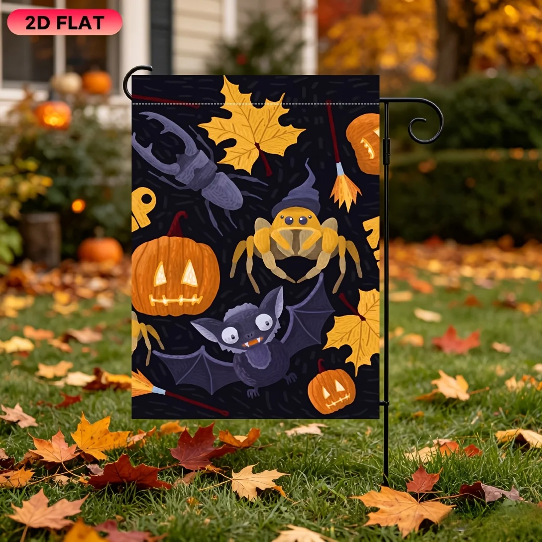 Flat Garden Flag 1 Piece, Black Background Spider Bat Beetle Halloween Garden Flag, Halloween Celebration Flag, Durable Polyester Material, Very Suitable for Garden, Lawn, Yard, Home, Outdoor, Beach Decoration Flag, Halloween Celebration Decoration Flag