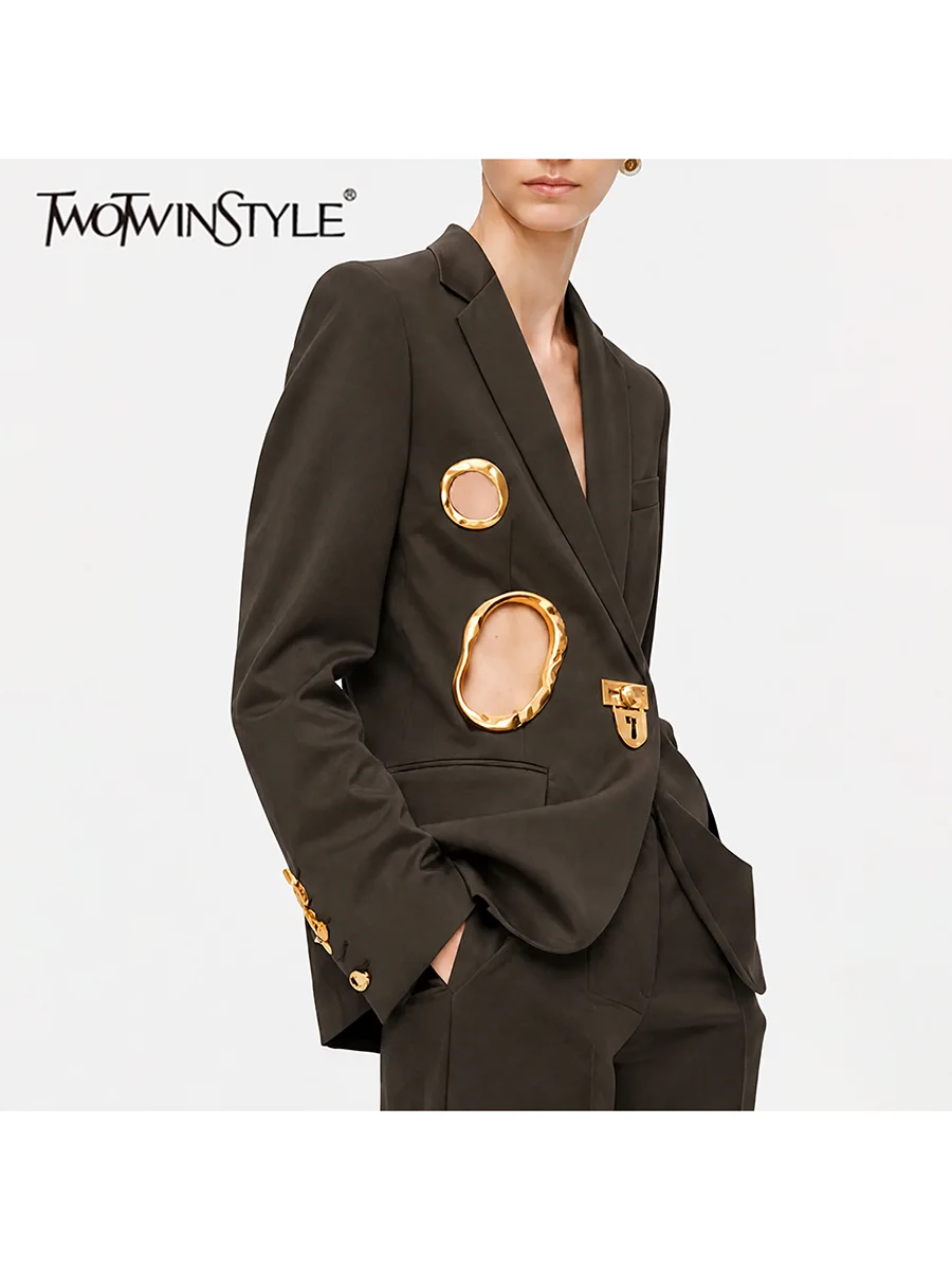 TWOTWINSTYLE Gold Ring Spliced Cut Out Loose Jacket for Women Lapel Neck Long Sleeve Patchwork Button Pocket Jackets Female New