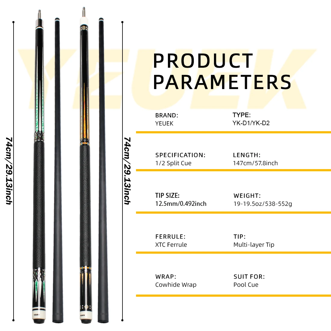 YEUEK Carbon Fiber Pool Cue Stick Professional Pool Sticks 12.5mm Tip Low Deflection Shaft Billiard Cues with Adjustable Extension (Pro Taper)