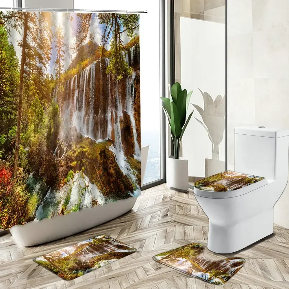 Natural Scenery Shower Curtain Waterfall Forest Autumn Bathroom Set Trees Plants Rocky Landscape Carpet Toilet Cover Floor Mat