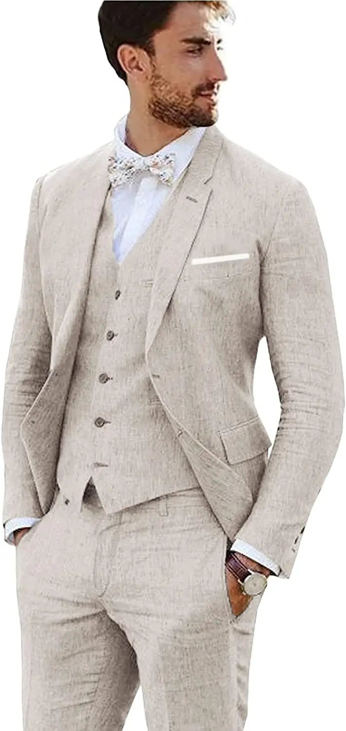 

ICCLEK 2022 Newest Design Men Suit Linen Suit 3 Piece Retro Wedding Prom Set Fitting Jacket Coat Groom Tuxedo Costume Homme Suit