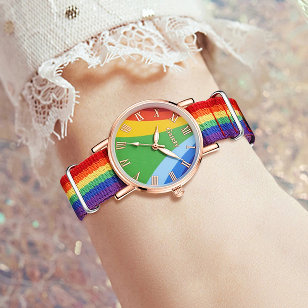مجموعة ساعات نسائية عصرية مكونة من 4 قطع، مجموعة أساور كوارتز عصرية وشخصية من عناصر قوس قزح، هدية مثالية #5