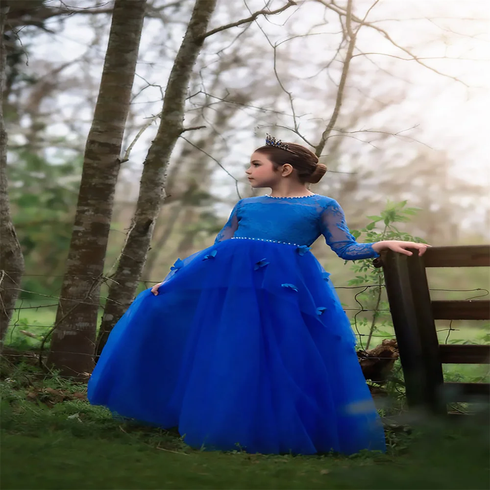 Vestidos personalizados da menina flor com etiqueta, primeira comunhão sagrada, roupa da princesa, bola do aniversário, casamento, azul royal