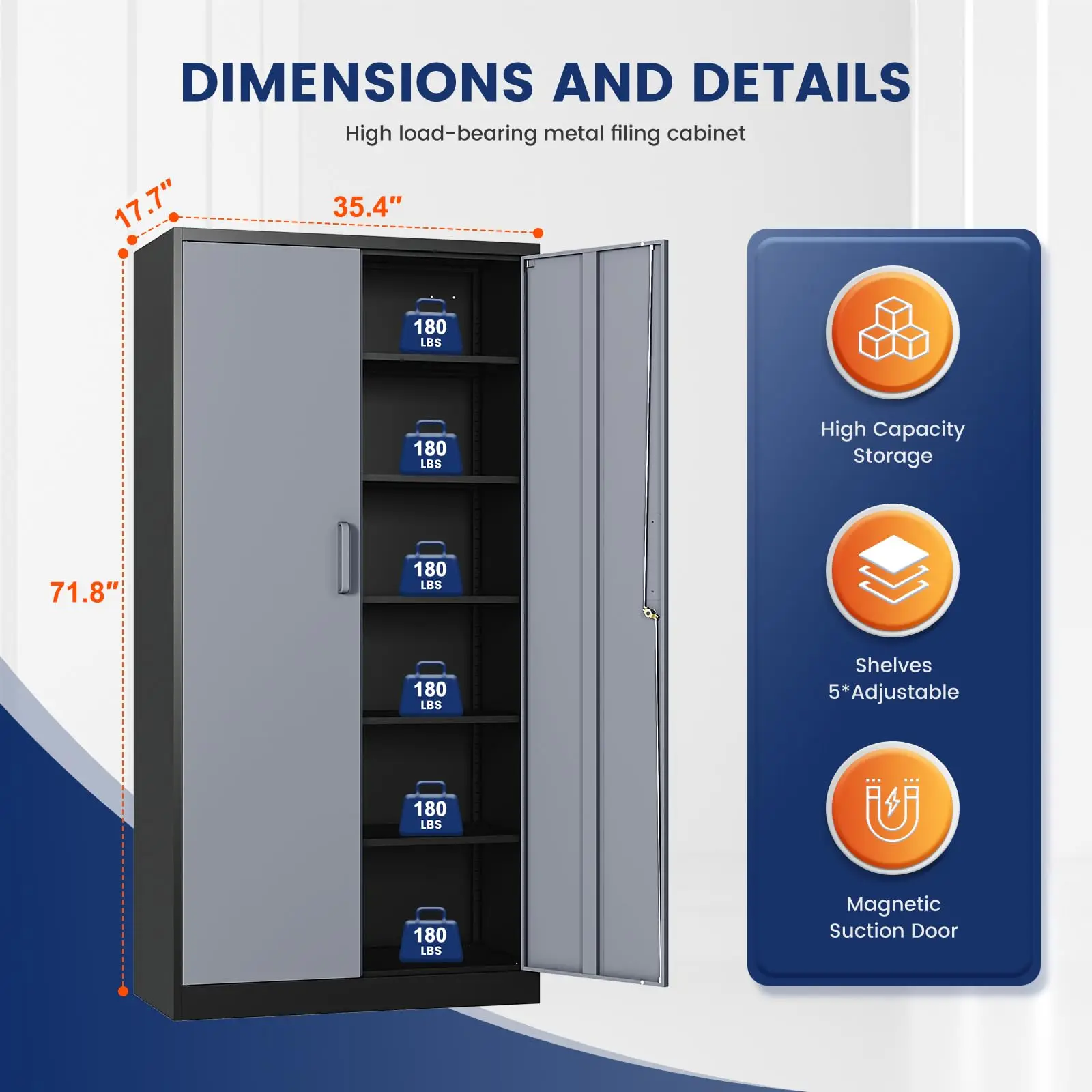Metal Storage Cabinet with Locking Doors and 5 Adjustable Shelves, 72