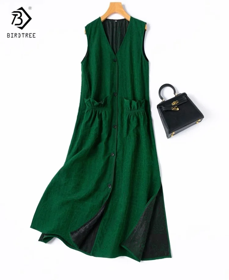 

Birdtree Summer 100% Mulberry Silk Dress,Women Craquelure V-neck Sleeveless Single Breasted Solid Color Long Skirt D56307JF