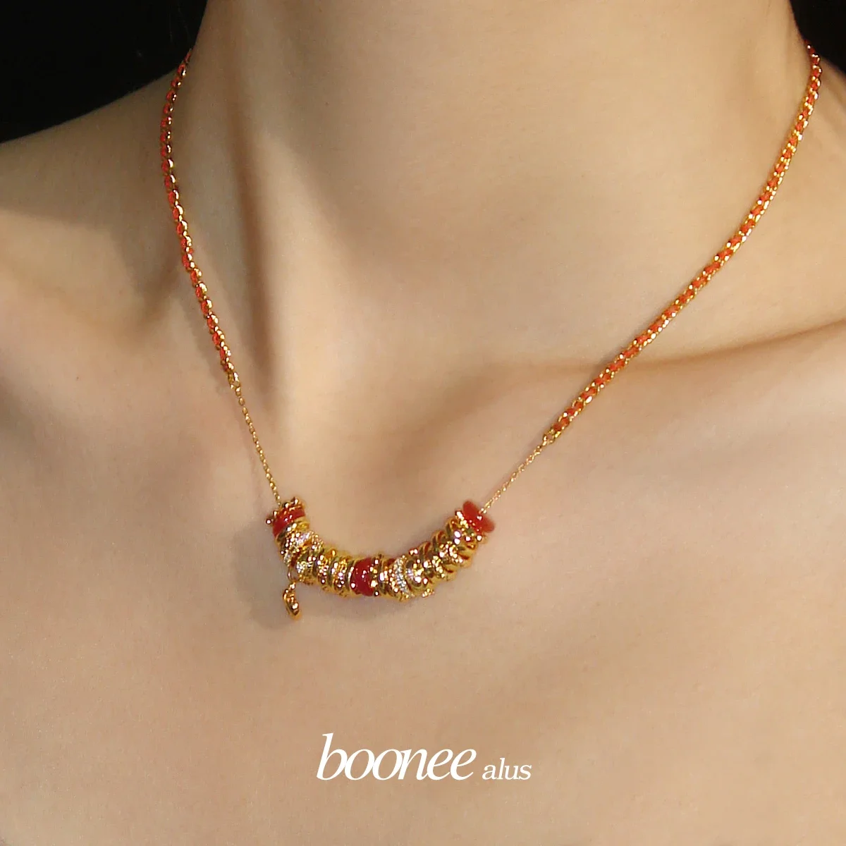 Boonee alus red rope woven agate transfer necklace women's new snake year natal year design sense collarbone chain