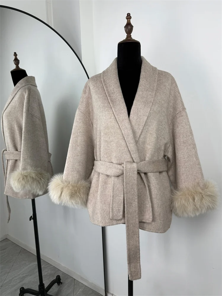 Tossy Fuchspelz-Wollmantel für Damen, kurzer Mantel, Bürodame, eleganter doppelseitiger Wollmantel, 2025, neue Strickjacke, Jacken, lockere Wolle