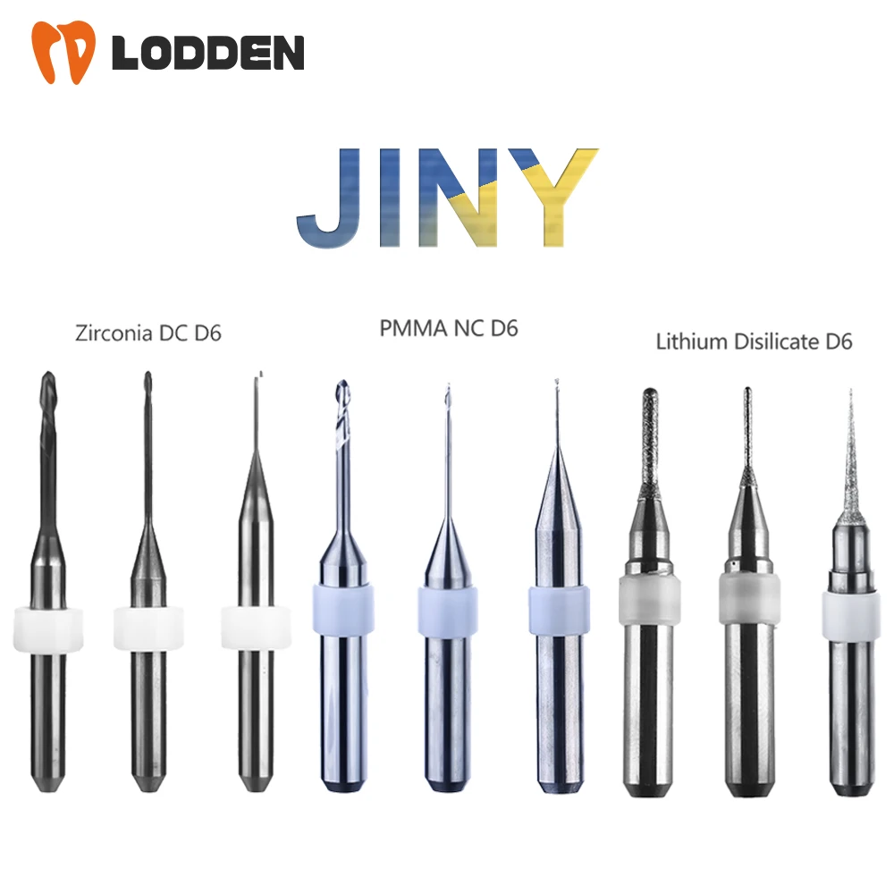 

JINY Dental Milling Bur Grinding Zirconia/PMMA/Lithium Disilicate/Metal D6 Shank 50MM Length 0.6/1.0/2.0mm Dental Grinding Tool