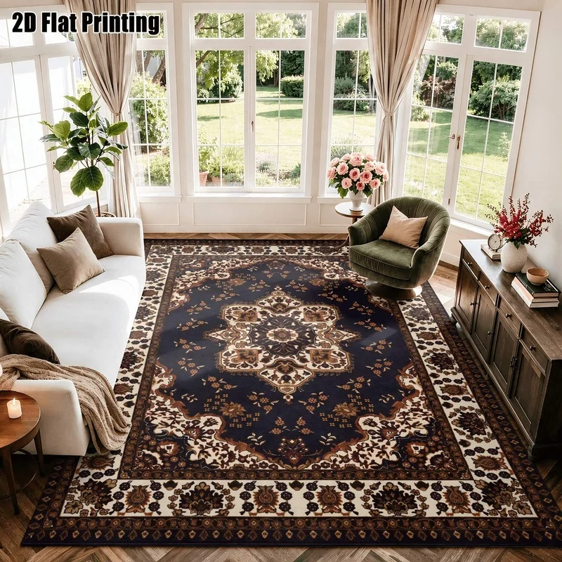 Large Indoor Area Rug, Soft Velvet Low Pile Machine Washable Oriental Medallion Area Rug, Navy Blue with Cream and Gold Floral Pattern, Traditional Persian Style for Living Room, Bedroom, Dining Room Decor