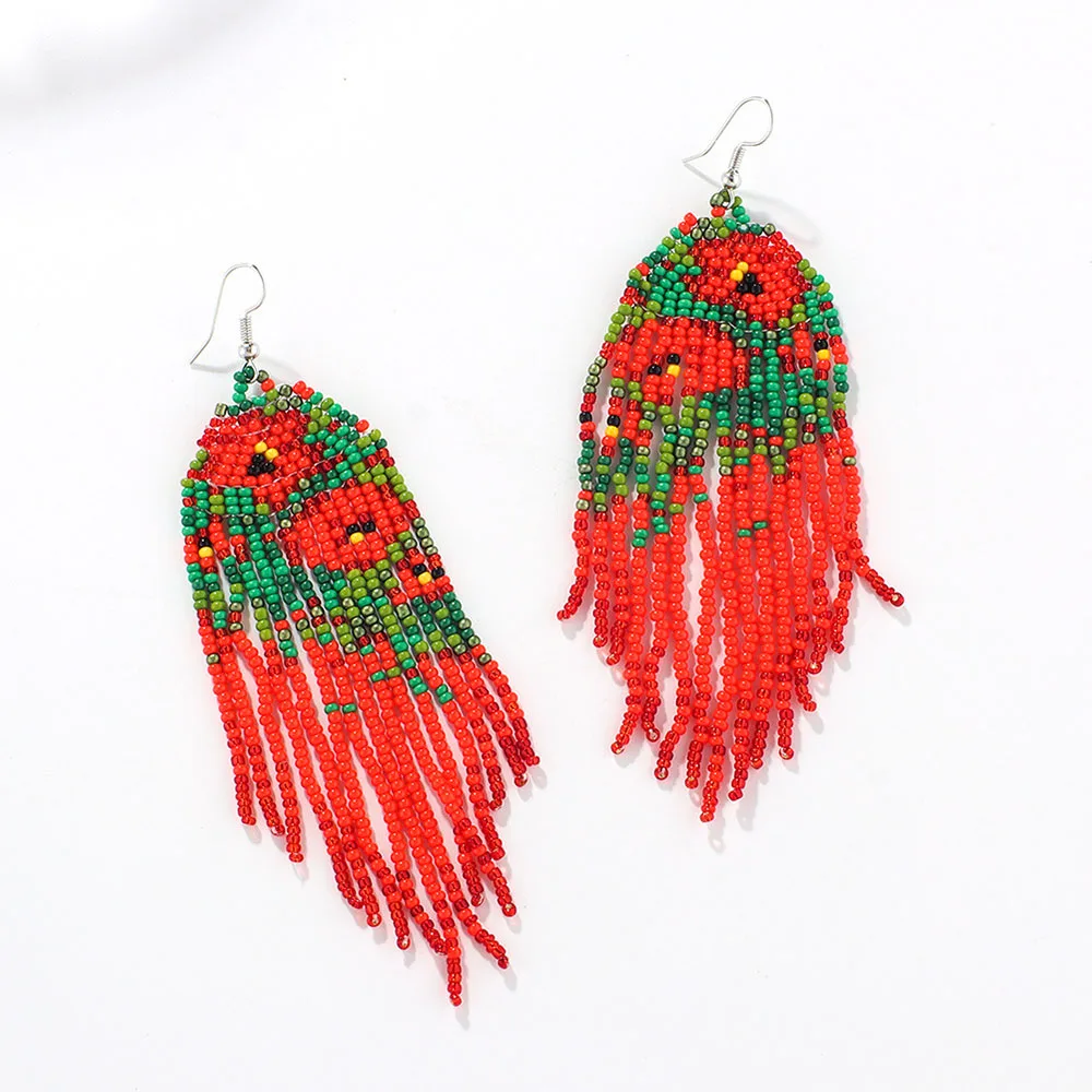 Bohemia Elegant Women\'s Jewelry Boho Creative Ethnic Red Handmade Beads Flower Pattern Beaded Tassel Drop Earrings for Women New