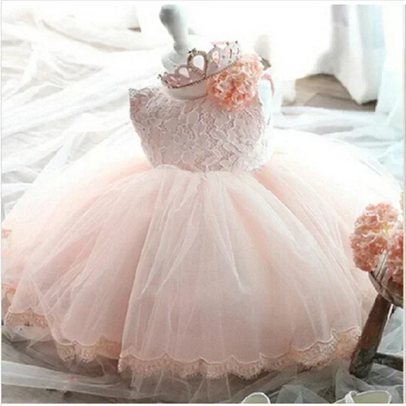 Baby Girls Birthday Dress for 1Y Newborn Baptism Pink Clothes Toddler Bow Princess Dress Kid Elegant Christening Party Tutu Gown