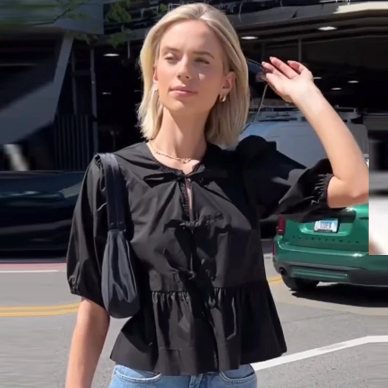 HXAO موضة فضفاضة ليوبارد قميص امرأة البلوزات خريف 2025 اقتصاص تكدرت قطع الدانتيل متابعة قميص أسود أبيض قمصان قصيرة الأكمام #6