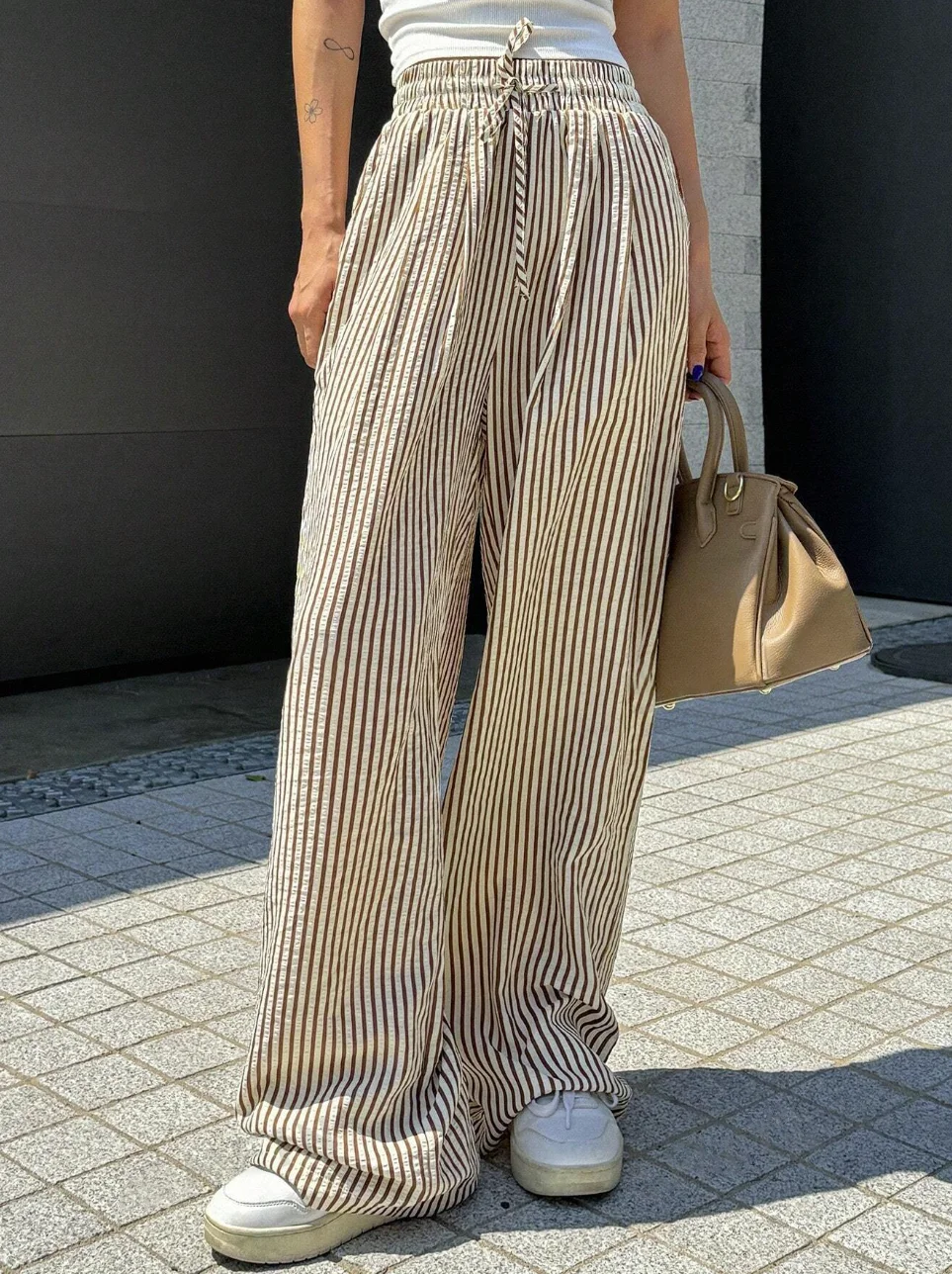 Striped printed wide leg pants casual drawstring waist pocket loose spring and summer pants, womens mature pants
