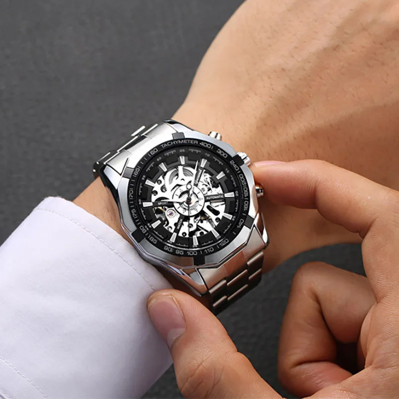 นาฬิกาข้อมือผู้ชาย ระบบจักรกล กันน้ำ สำหรับกิจกรรมกลางแจ้ง ดีไซน์โครงกระดูก แฟชั่นลำลอง สายสแตนเลส สตีล ระบบอัตโนมัติ