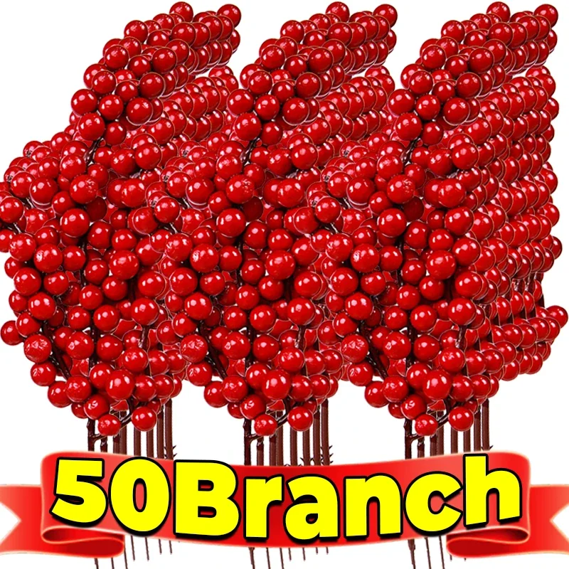 Christmas Artificial Red Berries Branches Fake Flowers Plants Holly Berry Stamen Xmas Tree Ornaments Party Home Decor Wholesale