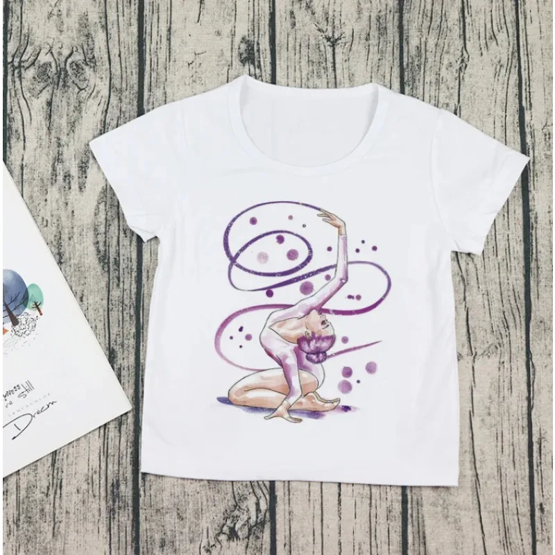 T-shirt blanc d'interconnexion amusant pour enfants, imprimé ballerine, danse AqDance, décontracté