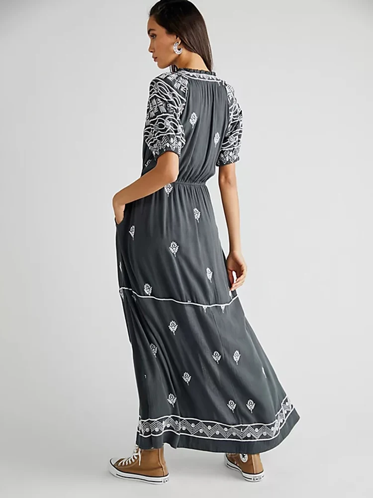 Jastie Cotton Retro Embroidered Dresses For Women 2023 Summer V-neck Short Sleeve Tassel Maxi Dress Boho Casual Beach Vestidos