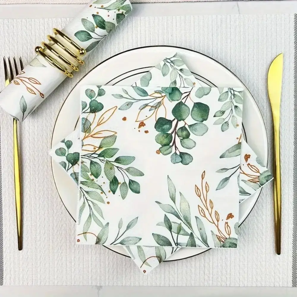 

Leaves Pattern Disposable Paper Napkins Elegant Flower Restaurant Hand Towels Green Decorative Hotel Tableware Beverages