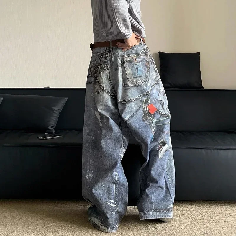 Fashion Women Washed Denim Cargo Pants Pockets Chain Print Straight Jeans Loose Trousers Cool Hiphop Lady Baggy Pants Streetwear