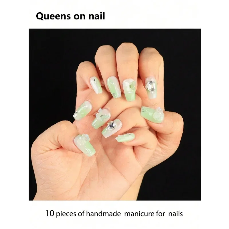 

10 Pieces Handmade press on Nails Ballet Style Fake Nails/Sfumato/Oversized Diamonds/3D Roses/3D Butterflies/Pearls Daily Wear