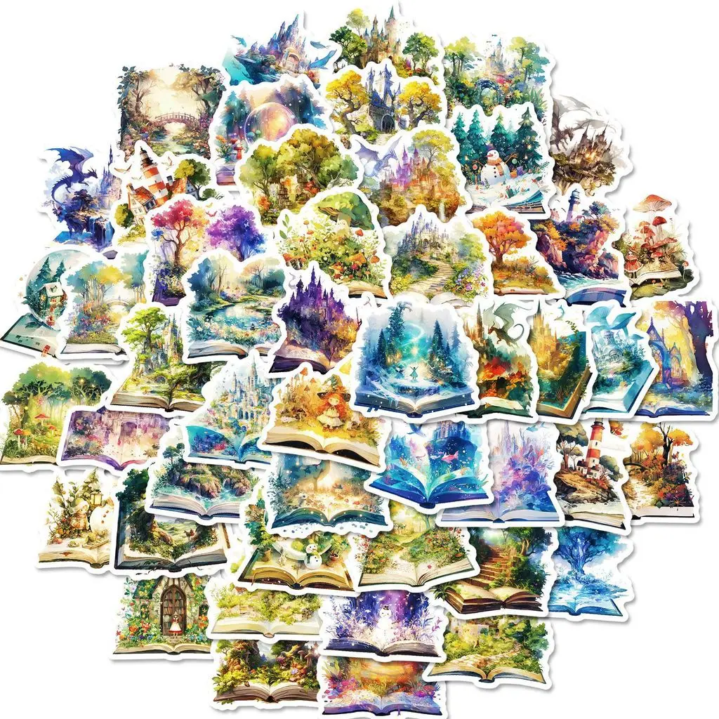 50Pcs Dreamy Magic Book Series Doodle Stickers Non-Repeating PP Waterproof Decals for Journal DIY Craft Decor Anime Worlds Store