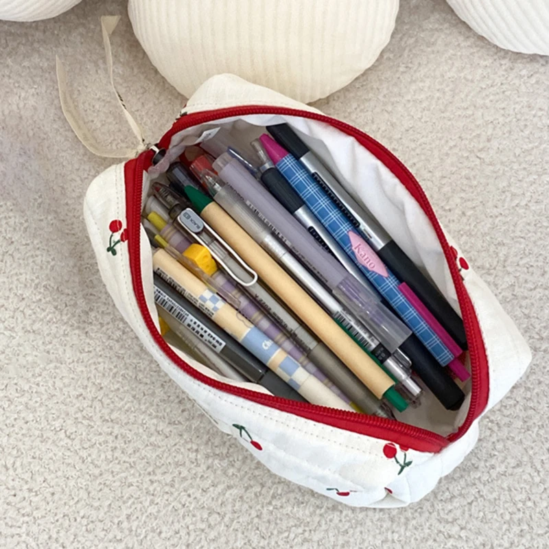 Quilted Cotton Ladies Travel Storage Bag Retro Cherry Women\'s Cosmetic Bags Cute Design Girls Pencil Case Makeup Bag Handbags