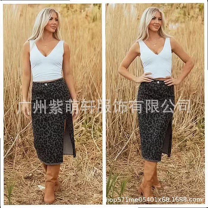 Leopard Print Skirt Women High Waist Bodycon Midi Skirts A Line Split Slim Pencil Skirt