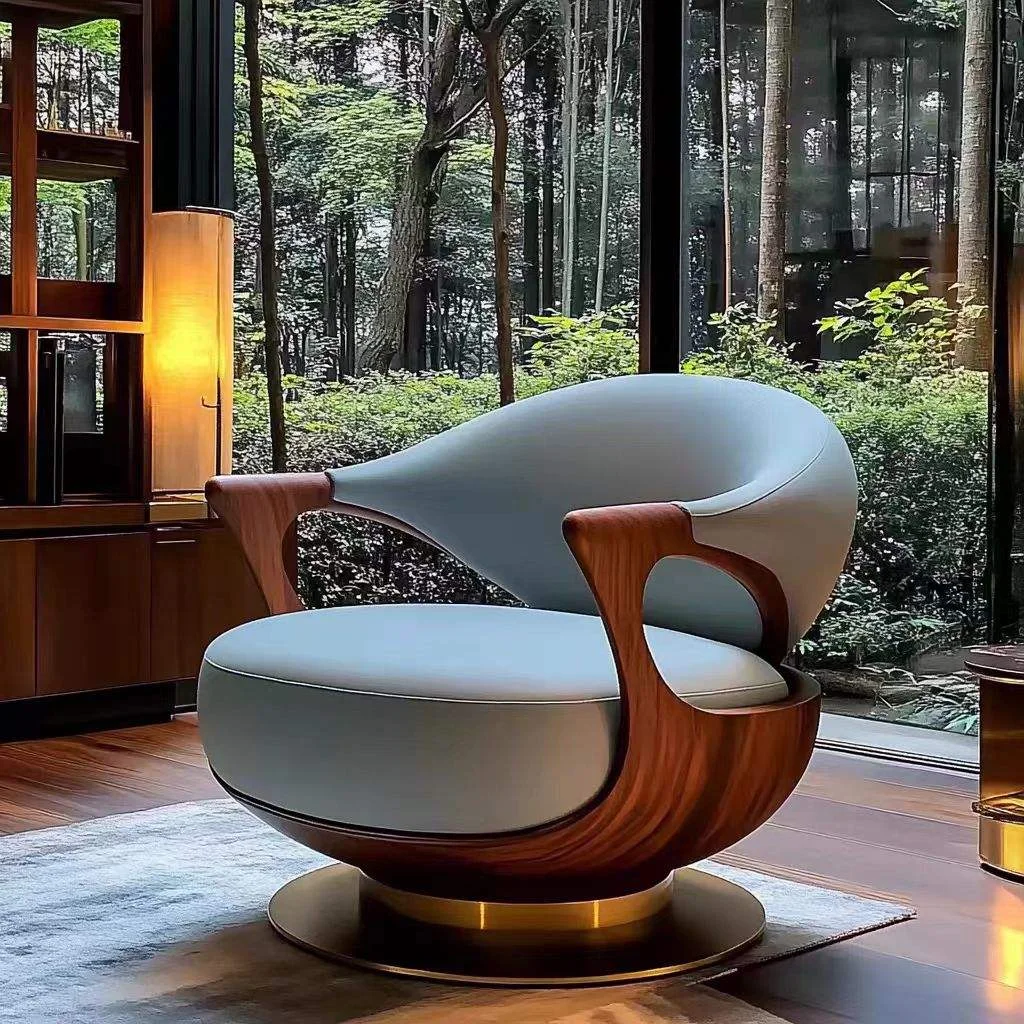 Modern Furniture Armchair Teak Wood Leather Revolving Casual Single Lounge