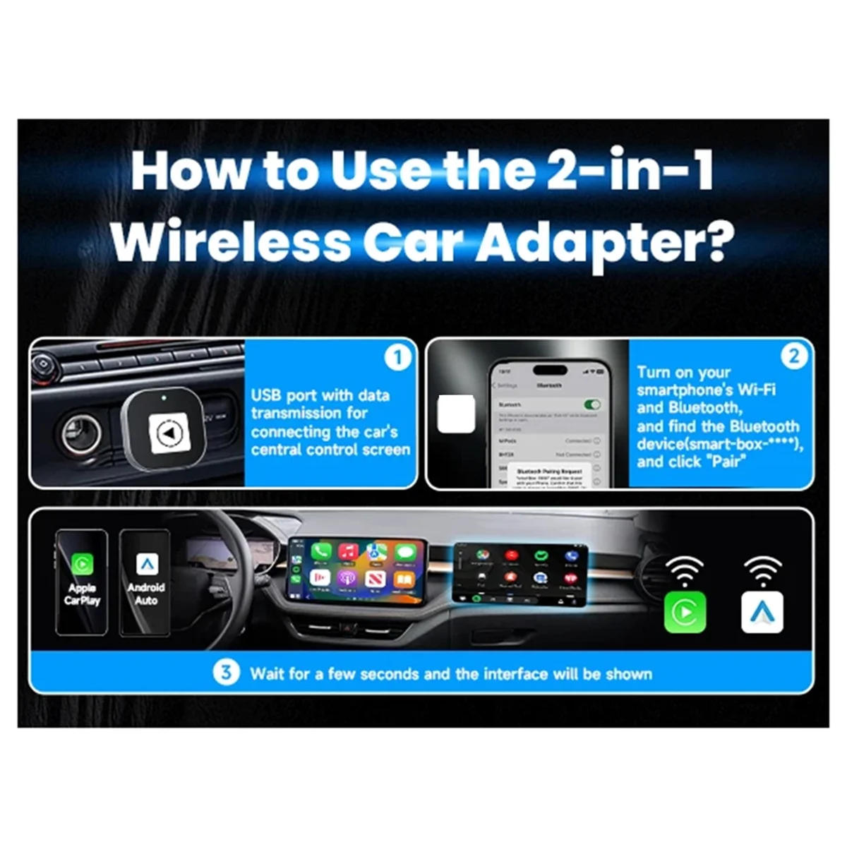 2-in-1 Wired to Wireless CarPlay Adapter Plug&Plug Auto Connect Converts for Wired Cars Compatible for & Android