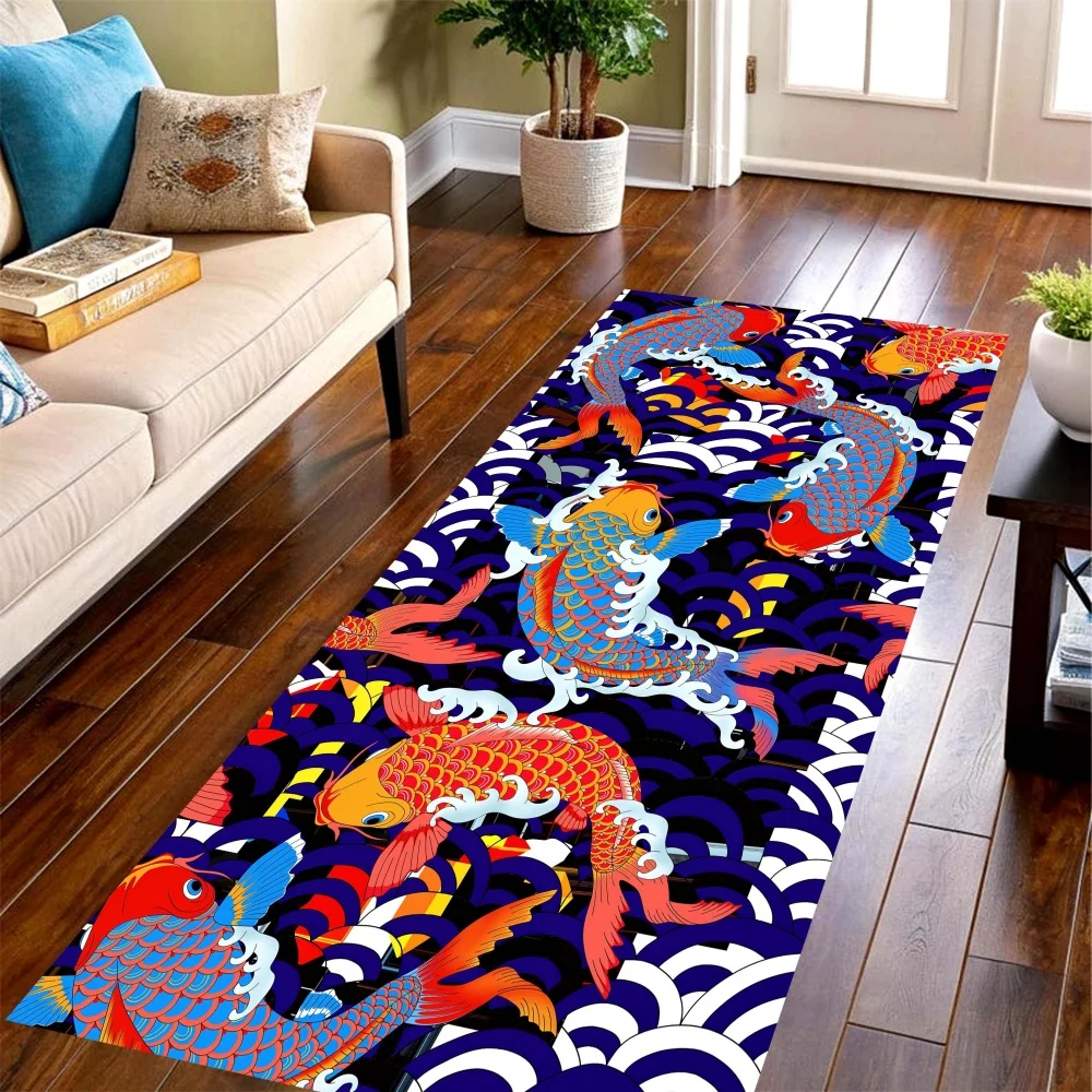 Japanese Color Koi Wave Long Runner Rug,aquatic fish print floor mat,balcony,corridor,laundry room and living room entry decor