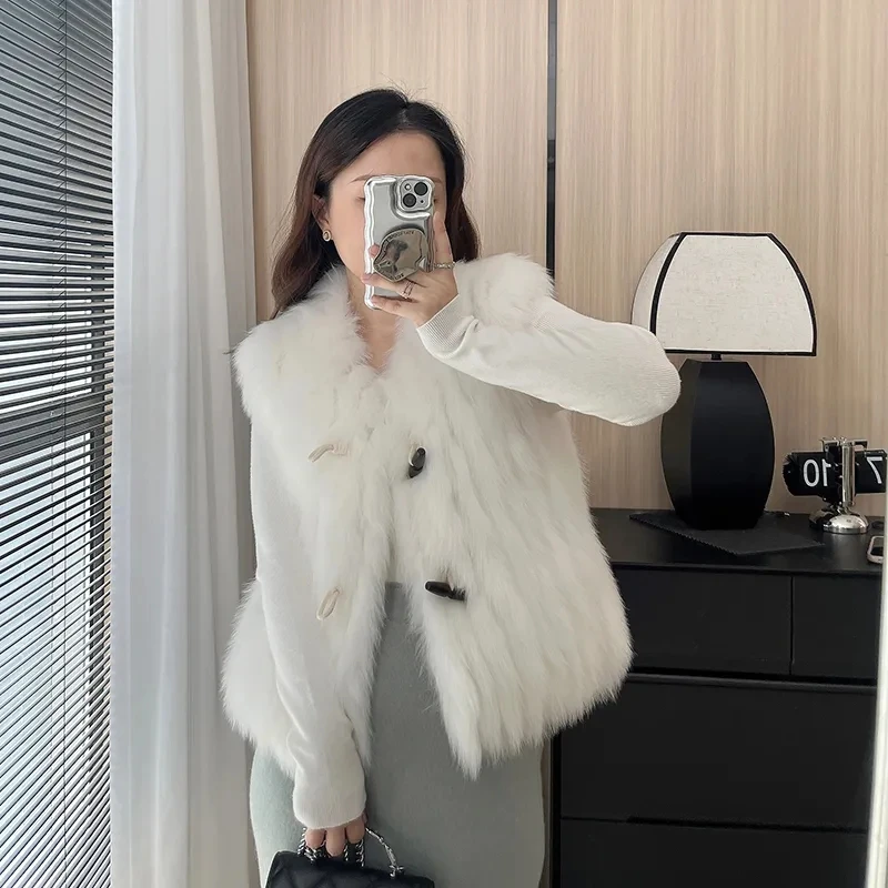 Women's new fashion faux fur decorated thermal vest coat Retro sleeveless V-neck corner buckle vest stylish top