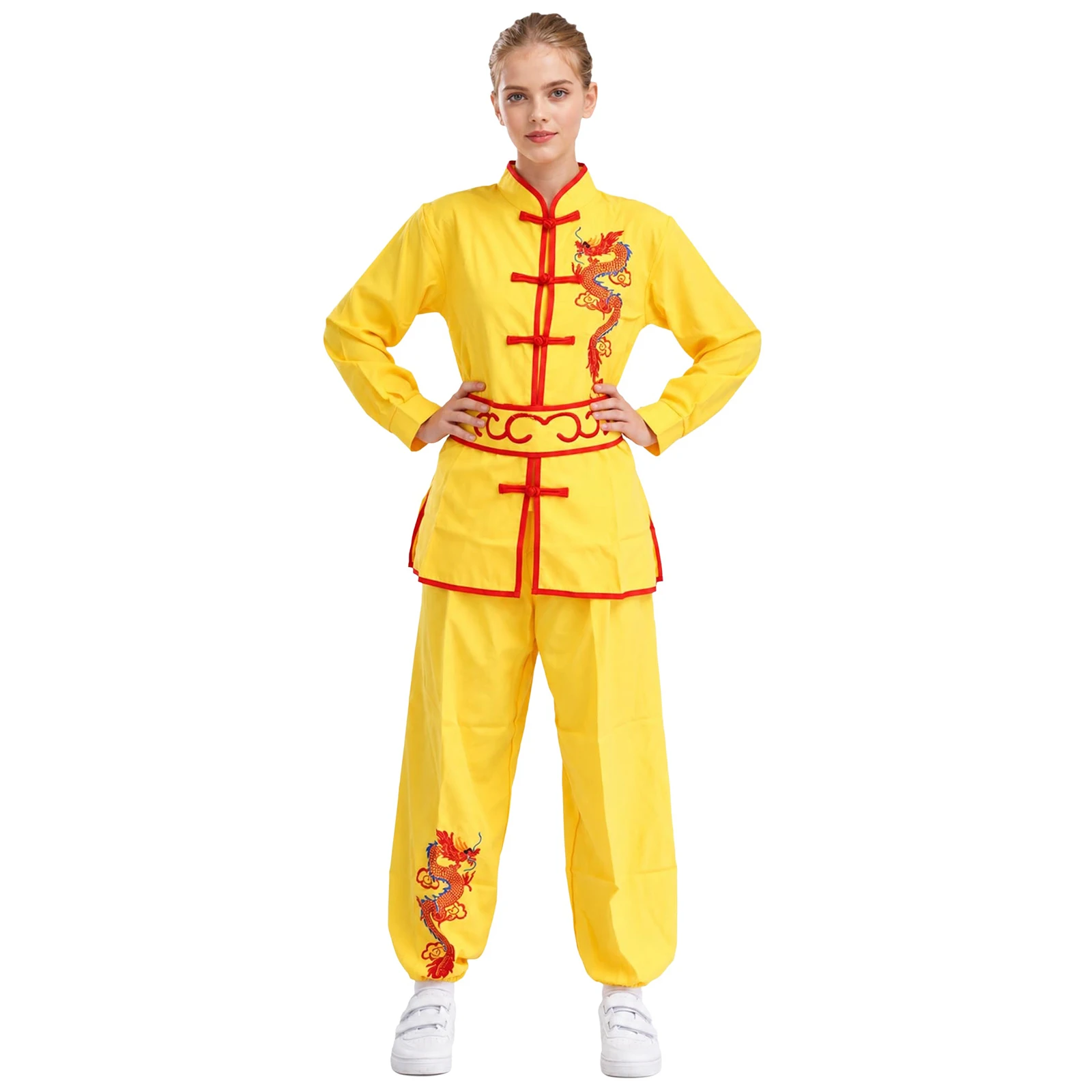 Women Girls Kung Fu Suit Dragon Embroidery Tai Chi Outfit Chinese Martial Arts Performance Costume Long Sleeve Top with Pants