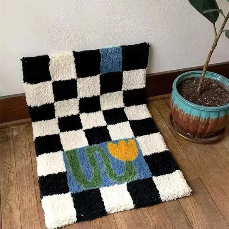 VIKAMA Vintage Checkerboard Tulip Doormat Non-Slip Wear-Resistant Home Entrance Decorative Foot Mat Home Decor