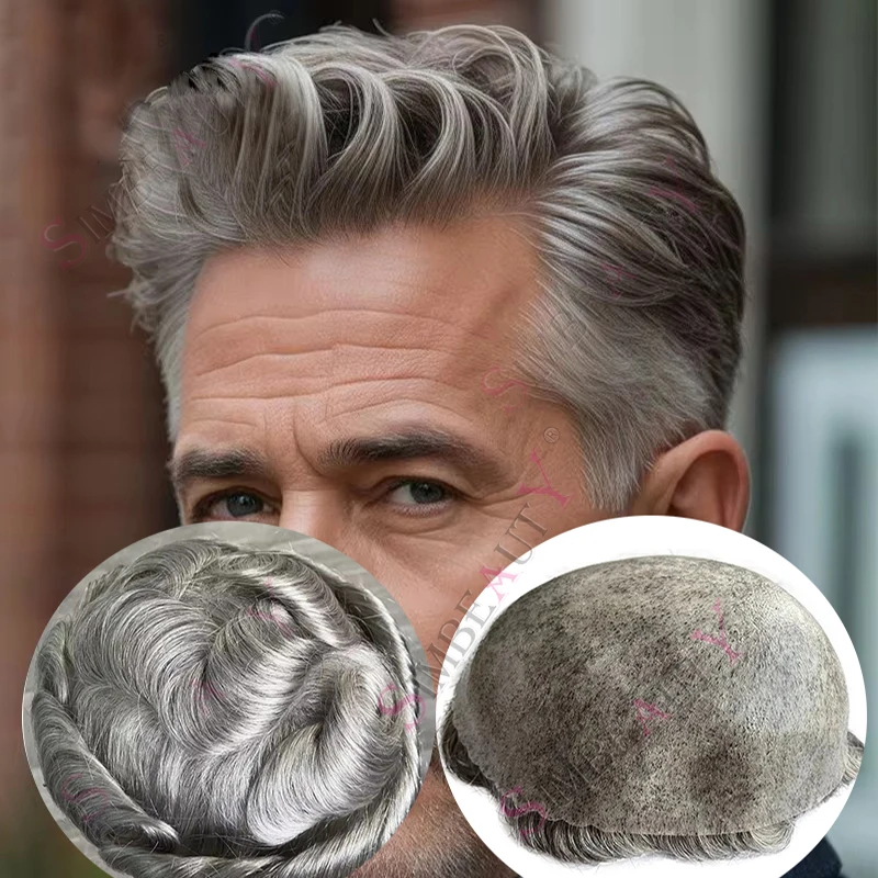 

Мужской парик-система замещения волос из 80% серых волнистых человеческих волос, 30 мм, с естественной линией роста волос, прочный, из полиуретана 0,1 мм, модная система замещения прямых волос