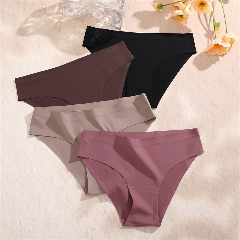 FINETOO 5PCS Seamless Panties for Women Sexy Ice Silk Underwear Soild Briefs Low Waist Comfortable Invisible Lingerie Intimates