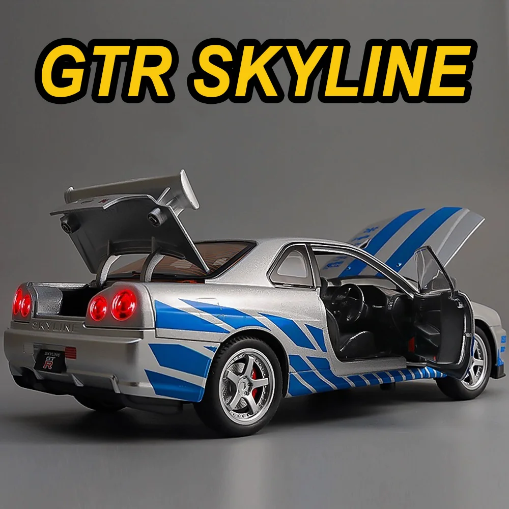 Voitures de sport en alliage GTR R34, modèles moulés sous pression, jouets, 4 portes ouvertes, son et lumière, véhicules à collectionner, décoration de maison Miniature, 1:24