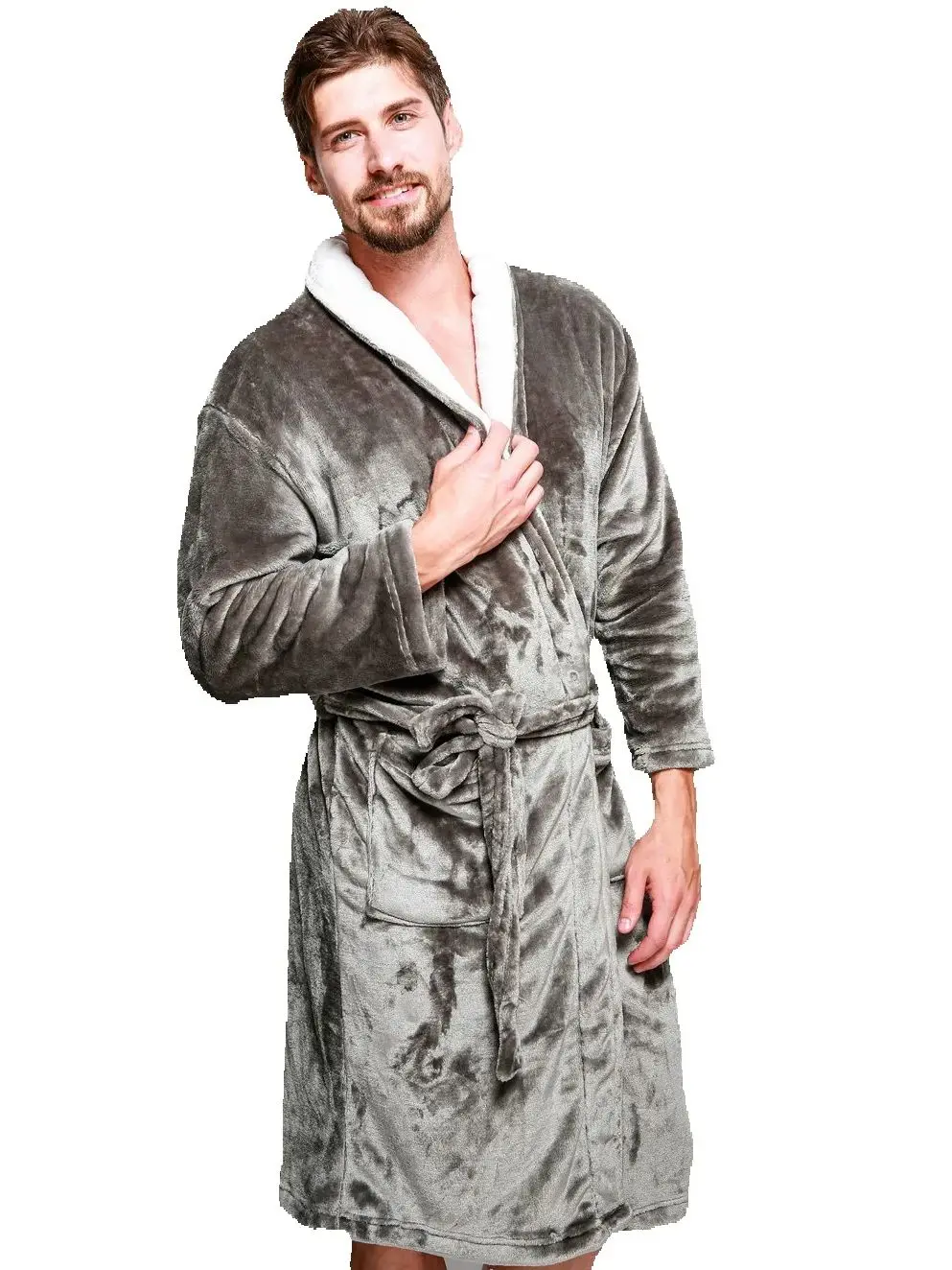 Men's Winter Thicken Warm Long Gray Flannel Fleece Bathrobe Nightgown Male Fashion Thermal Night Sleepwear Coral Velvet Pajamas