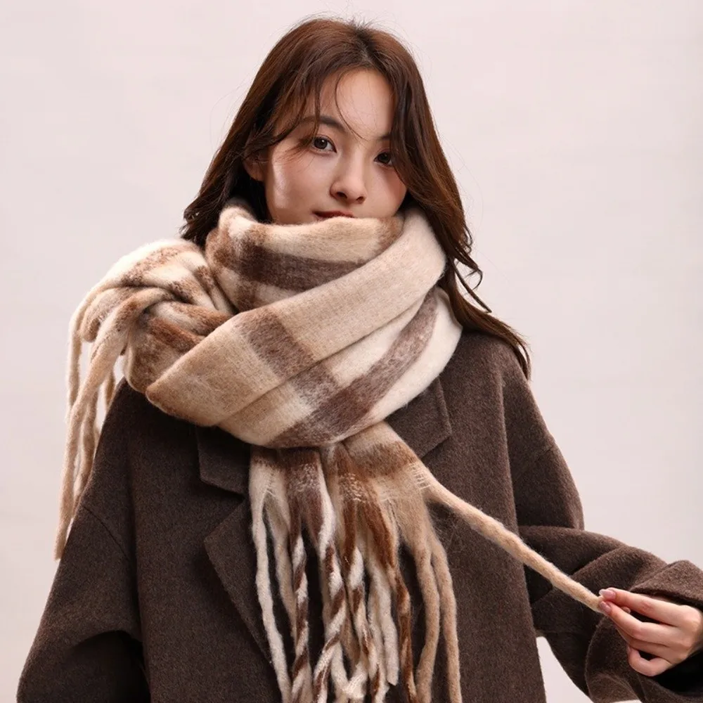 

Elegant Mohair Plaid Wool Scarf Tassel Thicken Winter Cashmere Scarves Warm Korean Style Long Shawl Women/Men